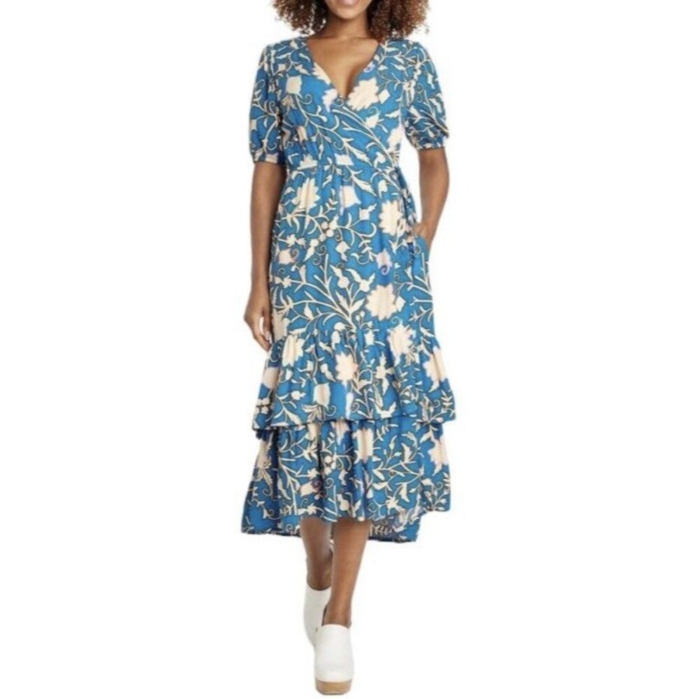 Knox Rose Dress Womens Medium Blue Floral Midi Wrap Ruffle Country Cottage